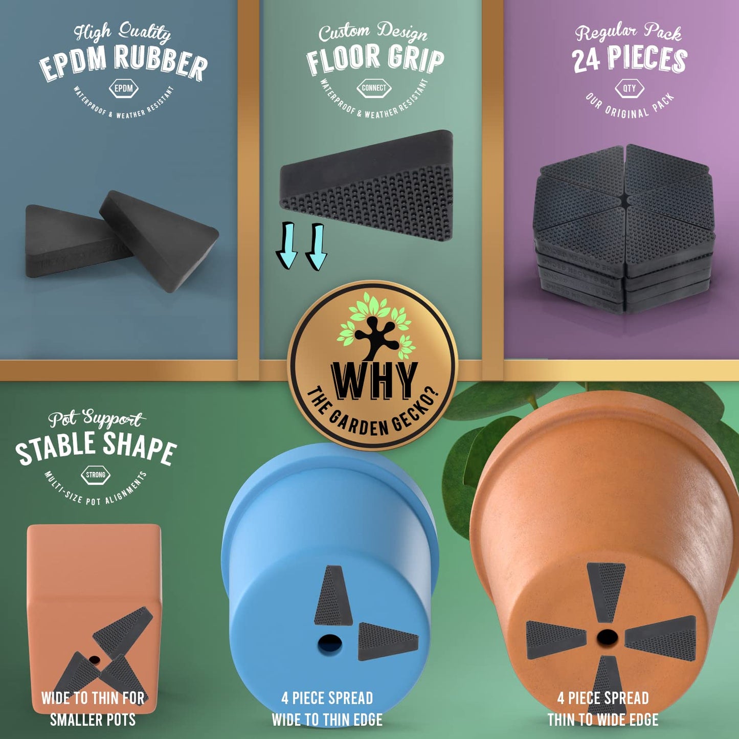 The Garden Gecko Invisible Pot feet for outdoor plant pots and flowers, solid rubber pot risers with a custom non-slip triangle surface grip | 24 PCS Solid Triangles