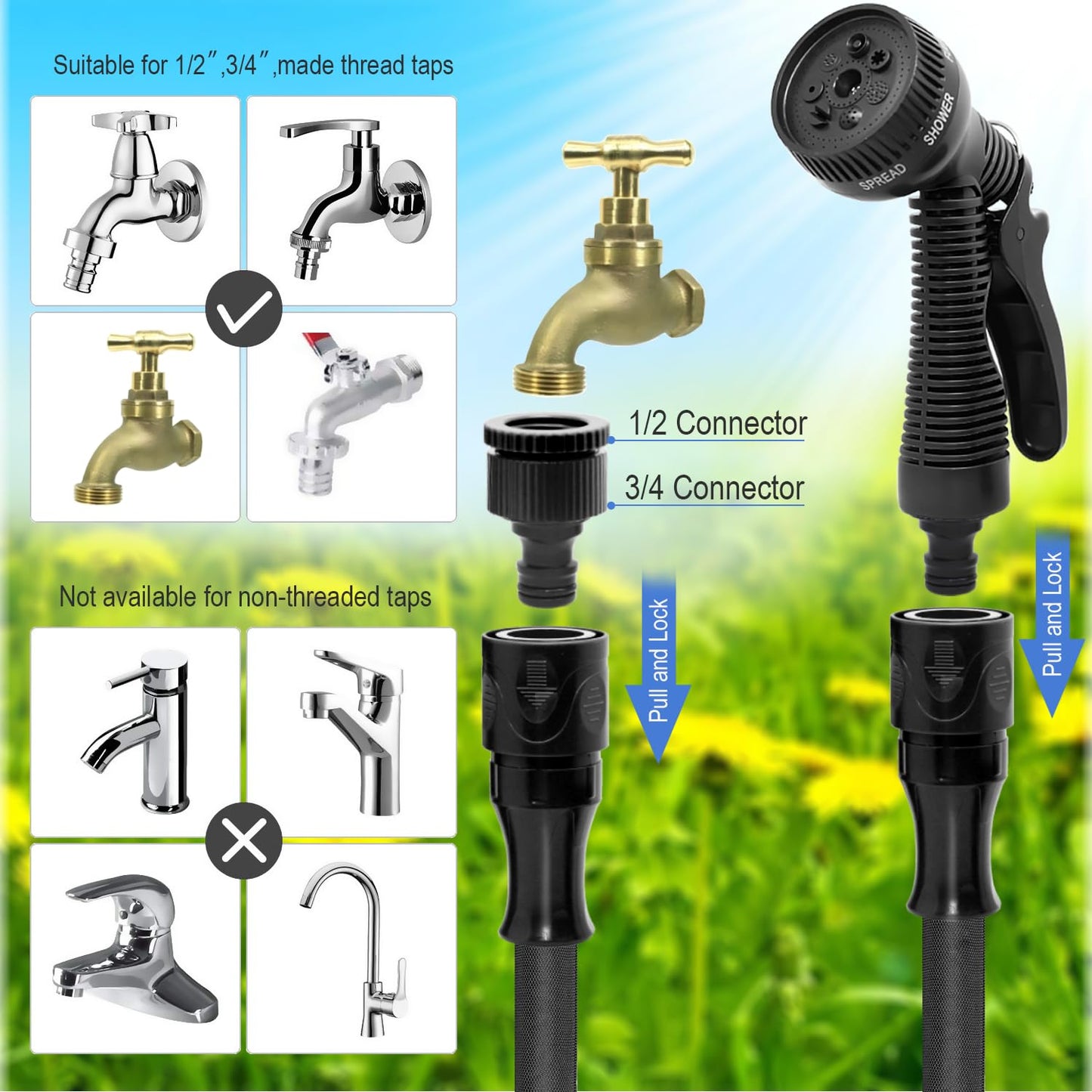 HOMOZE Expandable Garden Hose 50ft Hose Pipe Expandable with 3/4", 1/2" Fittings, Anti-Leakage - Flexible Expanding Hose with 7 Function Spray Nozzle