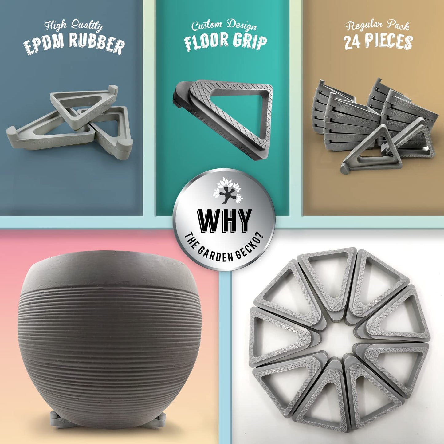 The Garden Gecko Pot feet for outdoor plant pots and flowers, solid rubber pot risers with a custom non-slip surface grip | 24 Triangle Hollow Pot-Toe Pcs | GREY WISP