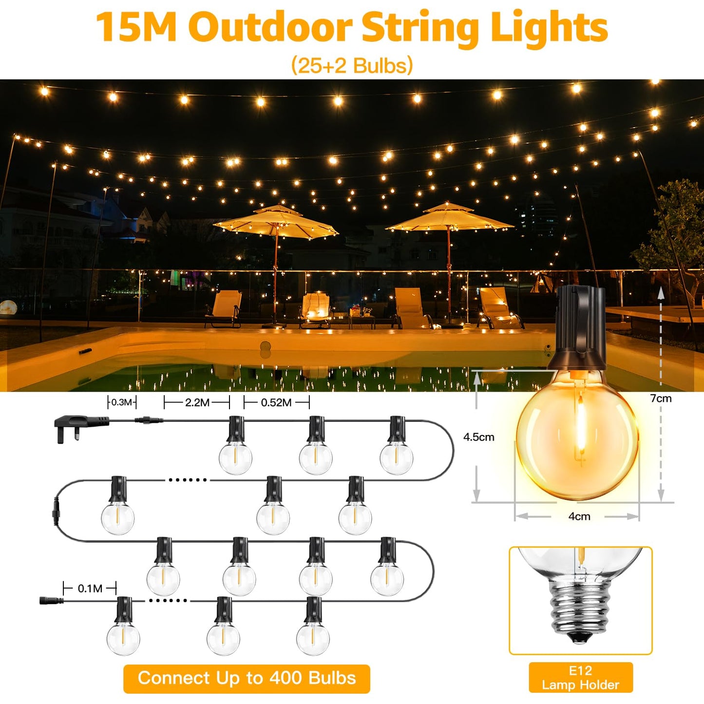 Ollny Festoon Lights Outdoor 15m, Christmas LED String Light Mains Powered, Waterproof with Plug/25-2 Shatterproof G40 Bulbs/Hook, Bright Warm White Lighting Outside Indoor Tree Garden Decorations