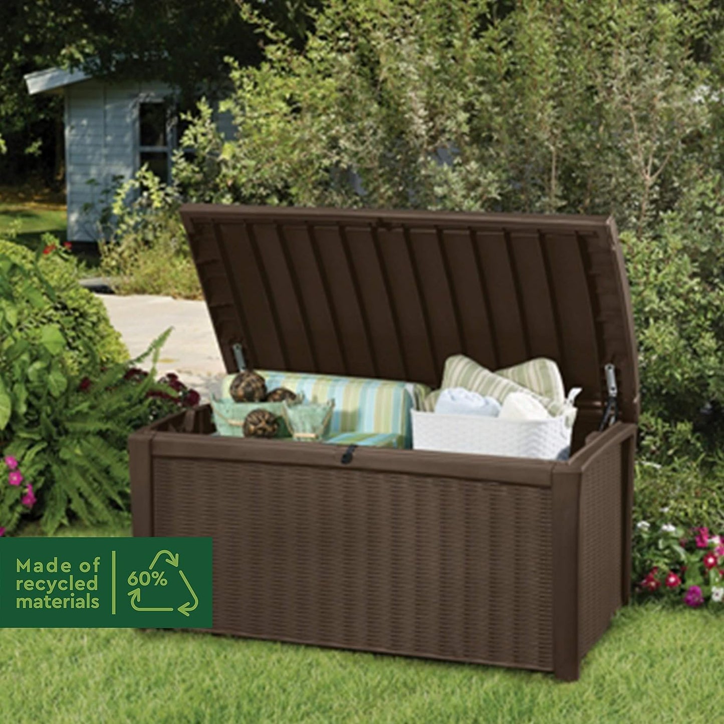 Keter Borneo 416L Outdoor 60% recycled Garden Furniture Storage Box Brown Rattan Effect | Fade Free | All Weather Resistant | Safe and Secure | Zero Maintenance | 2 year Warranty
