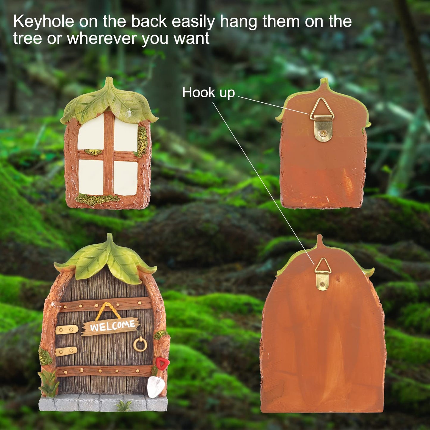 Bemodst Fairy Door, Miniature Garden Ornament with 2 Glowing Windows, Garden Sculpture Tree Decoration, Outdoor Patio Art Tree Decoration Garden