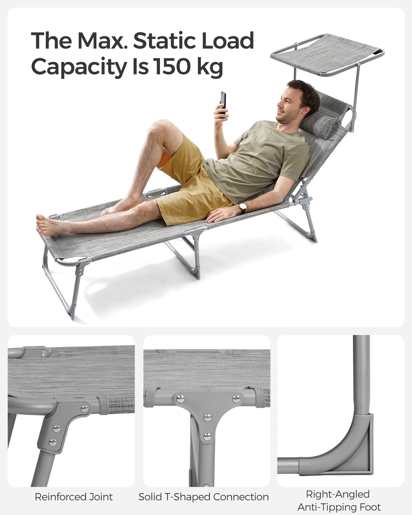 SONGMICS Sun Lounger, Deck Chair Folding, Sunbed, 193 x 53 x 29 cm, Max. Load 150 kg, with Sunshade Headrest Adjustable Backrest, Reclining Sun Chair for Terrace Pool Garden, Greige GCB19T