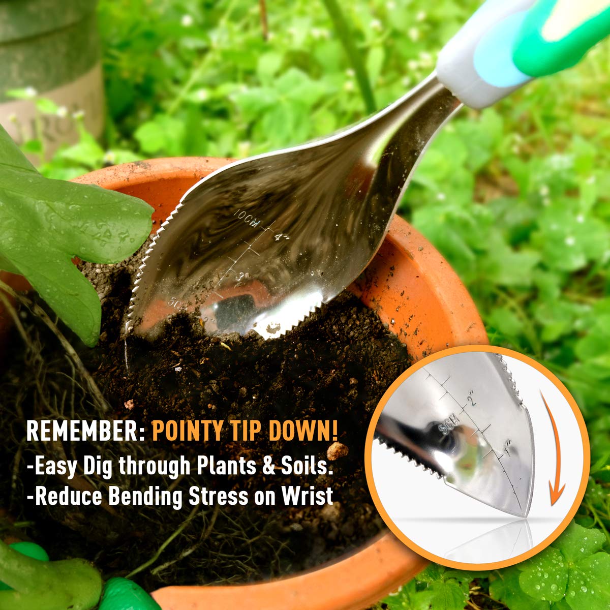 Jardineer Multi-Use Soil Scoops, Stainless Steel Garden Trowel, All-in-One Dirty Little Digger as Cultivator, Weeder, Transplanter