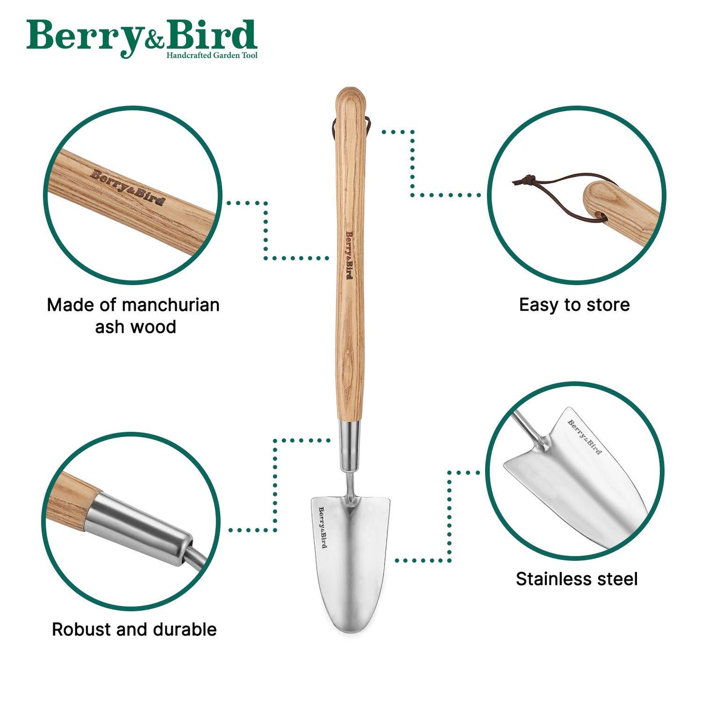 Berry&Bird Garden Trowel with Long Handle, 23.43in Stainless Steel Short Shovel with Wood Handled for Digging, Gardening, Transplanting, Planting and Weeding