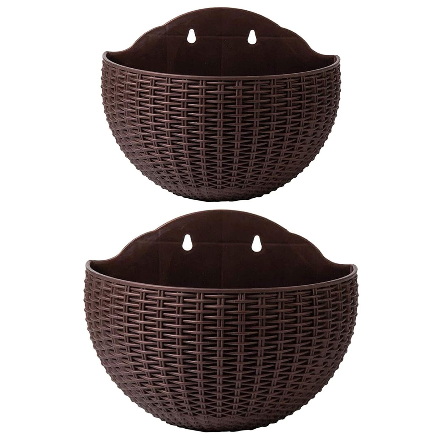2 Pcs Imitation Rattan Wall Hanging Flower Pot, Semicircle Hanging Planters Outdoor with Drainage Hole and Hooks, Plastic Garden Hanging Basket for Balcony Fence (Coffee)