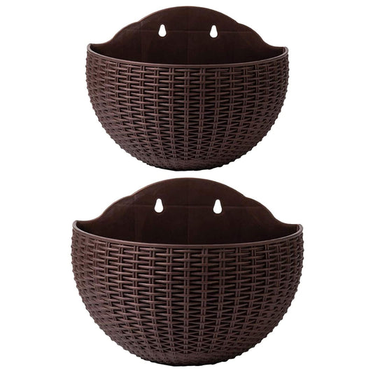 2 Pcs Imitation Rattan Wall Hanging Flower Pot, Semicircle Hanging Planters Outdoor with Drainage Hole and Hooks, Plastic Garden Hanging Basket for Balcony Fence (Coffee)