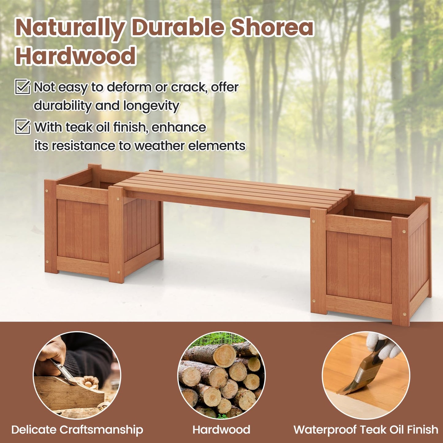 TANGZON Wood Planter Box with Bench, Raised Garden Bed with Seat, Teak Oil Finish & Open-ended Base, Outdoor Flower Box Kit Patio Decor Bench for Garden Yard Balcony (2 Planter Box)