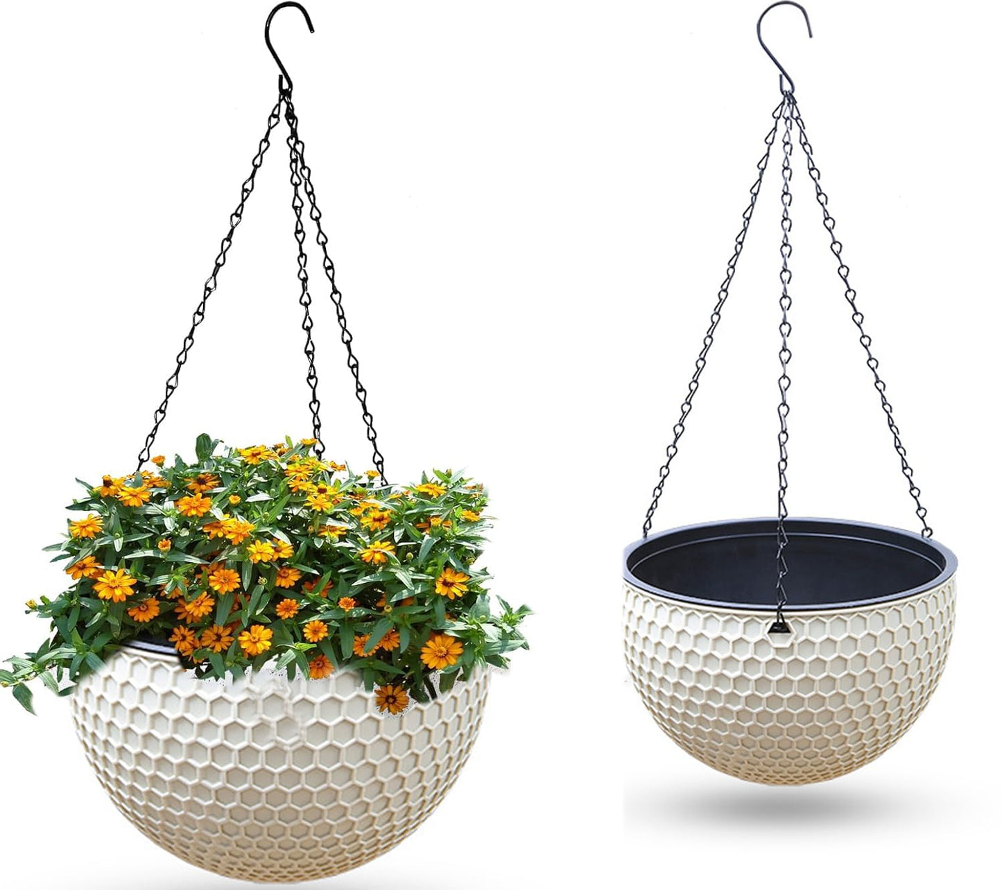 8.3inch Large Hanging Planters Plant Pots - Self-watering Hanging Baskets Set of 3 Flower Pot with Drainage Hole Chain for Home Garden Deco (Beige)