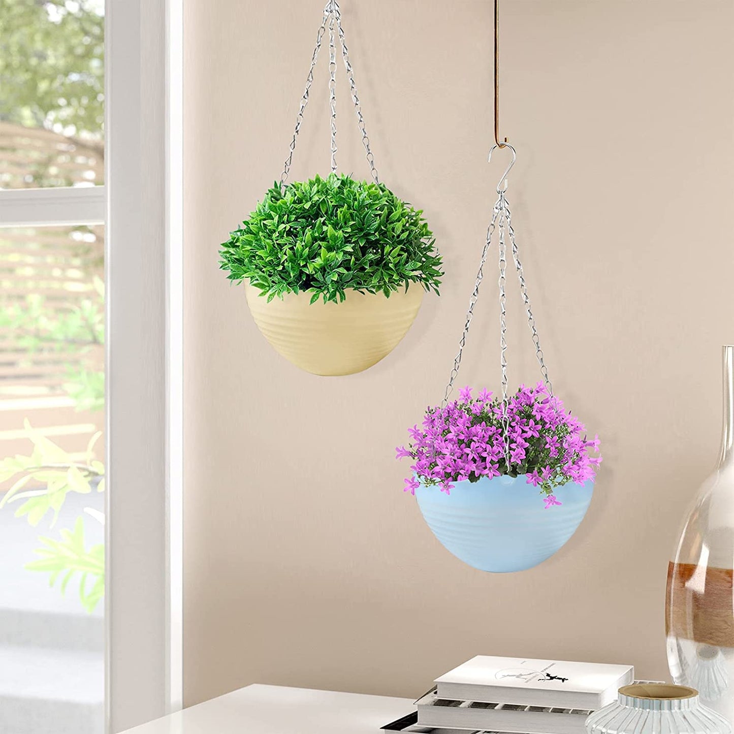 KAHEIGN 5Pcs Plastic Hanging Basket, Hanging Plant Basket Flower Pots Plant Holder Container with Chain Hooks for Plants Flowers Herbs Violets (5 Colors, Weave Pattern)