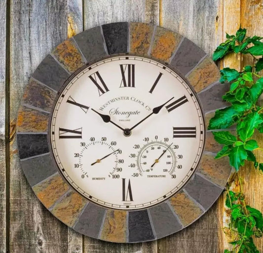 Homezone Large modern slate Wall Clock and Thermometer - Battery Power Operated Quartz Waterproof Weatherproof Garden Clock - Indoor or Outdoor Decorative Ornament Clock for Living Room, Home Decor