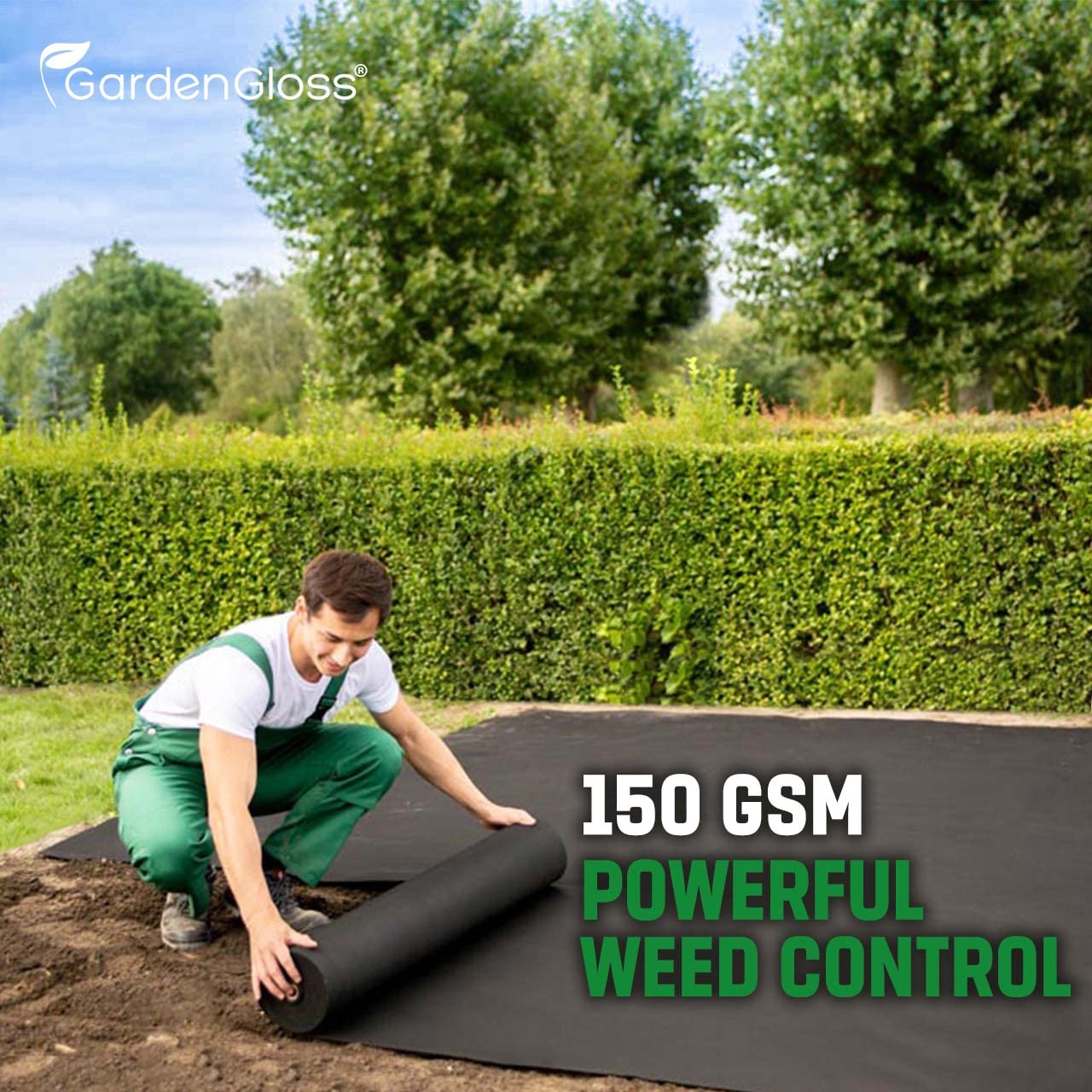 GardenGloss 50m2 Weed Control Membrane Heavy Duty (150gsm) - Water Permeable and Tearproof Weed Barrier Fabric - Weed Control Fabric with High UV-Stabilisation (50m x 1m, Roll)