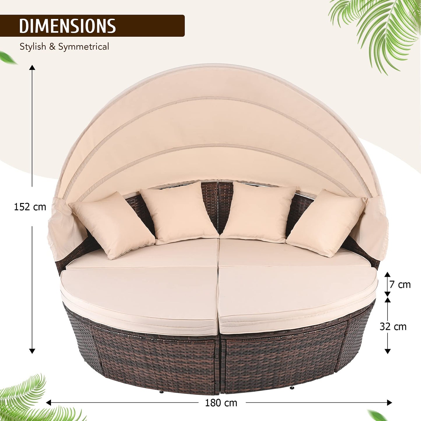 VONLUCE 4 Piece Modular Wicker Garden Daybed, Outdoor Sectional Sofa Set with Rattan Daybed or 4 Chairs, Retractable Canopy and Pillows, Beige