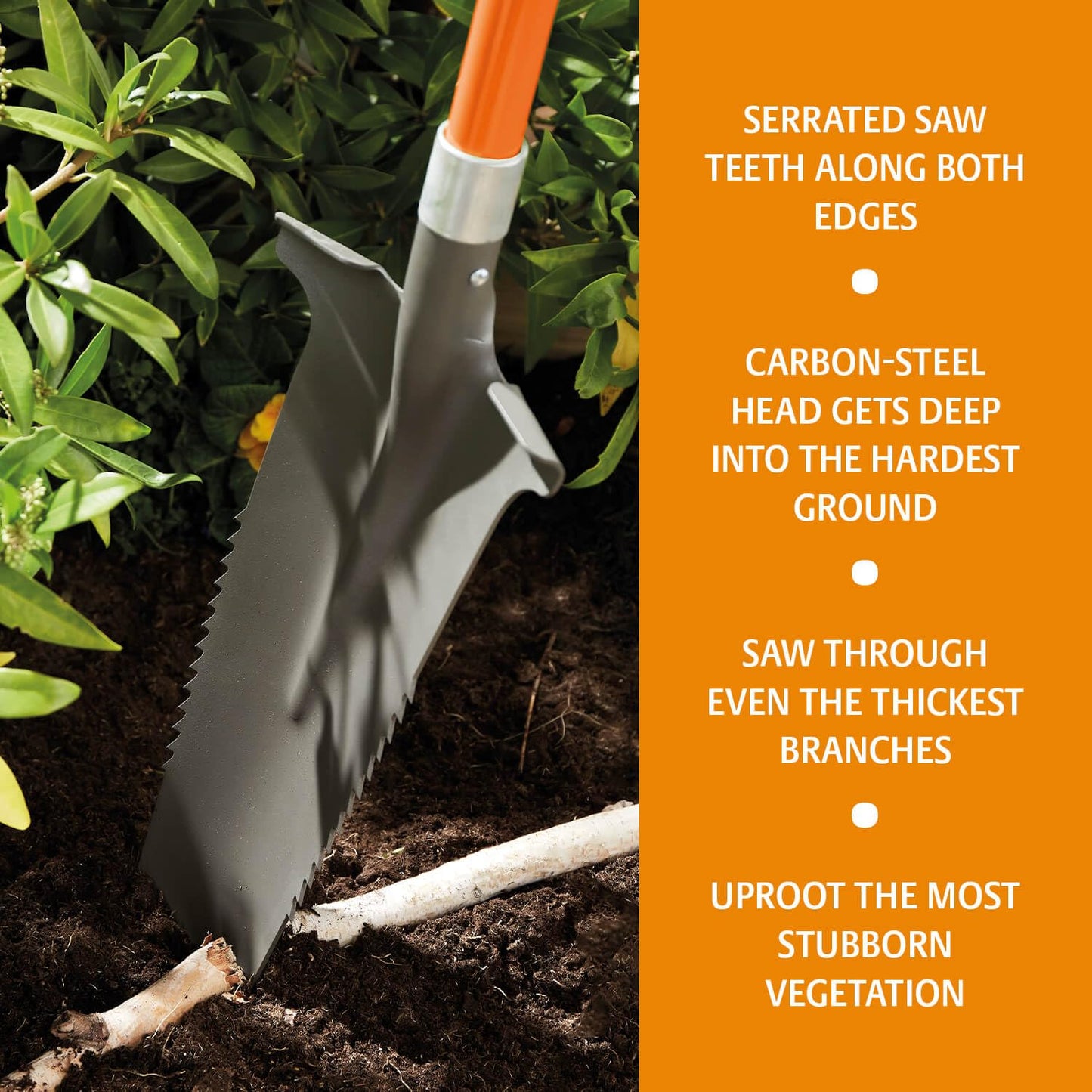 Coopers of Stortford - Root Shovel - Heavy Duty Carbon Steel Digging Spade - Serrated Edge Garden Tool - Cuts Through Roots - Comfort Grip Handle