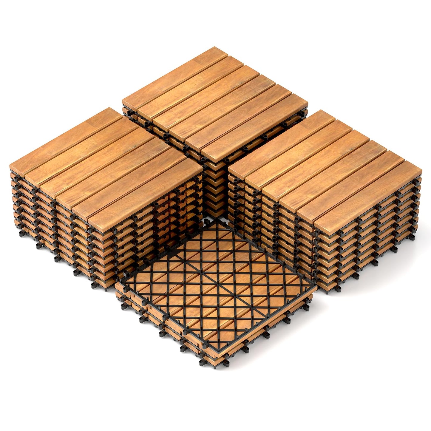 COSTWAY 27 Pcs Decking Tiles, 30 x 30cm Acacia Hardwood Interlocking Floor Tiles, Cuttable Deck Tile for Indoor Outdoor Patio Garden Balcony Pavement, Tools Free Assembly