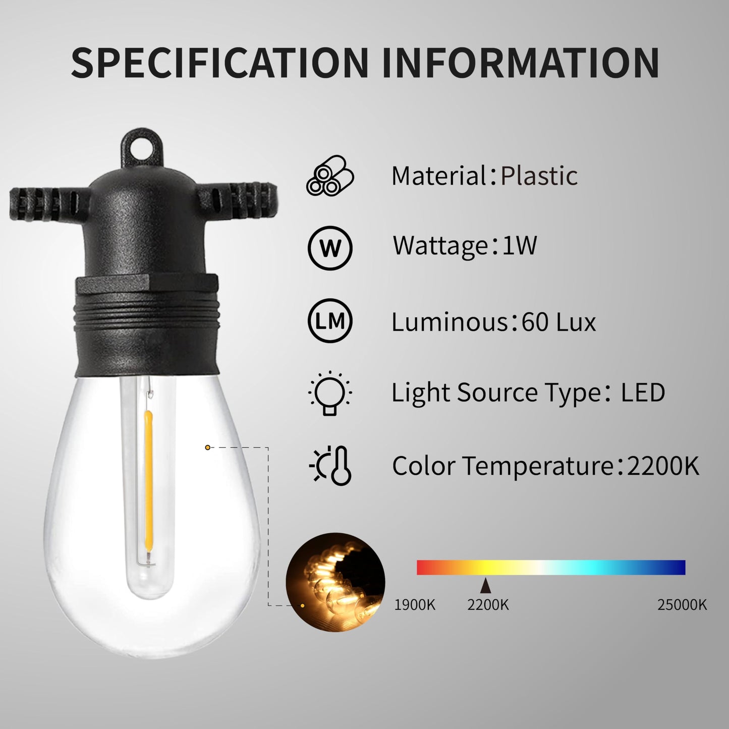 107ft Festoon Lights Outdoor, 32 led Dimmable Bulbs, IP65 Waterproof Commercial Grade Outdoor String Lights for Garden, E26 Socket, 2200k