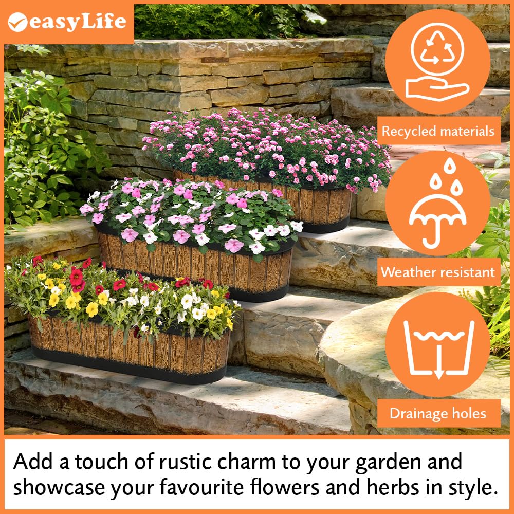 Easylife Oval Barrel Planters (Set of 3). Trough Planters (H16.5 x W46 x D14cm). Weather-Resistant Wooden Barrel Planters for Outdoors. Durable Half Barrel Planters for Outdoors - Fully Guaranteed