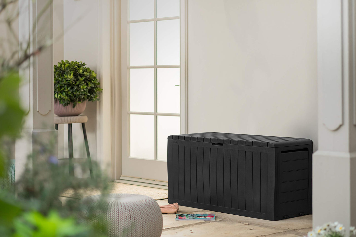 Keter Marvel- 270L Outdoor 65% recycled Garden Furniture Storage Box Graphite Wood Panel Effect | Fade Free | All Weather Resistant | Safe and Secure | Zero Maintenance | 2 year Warranty