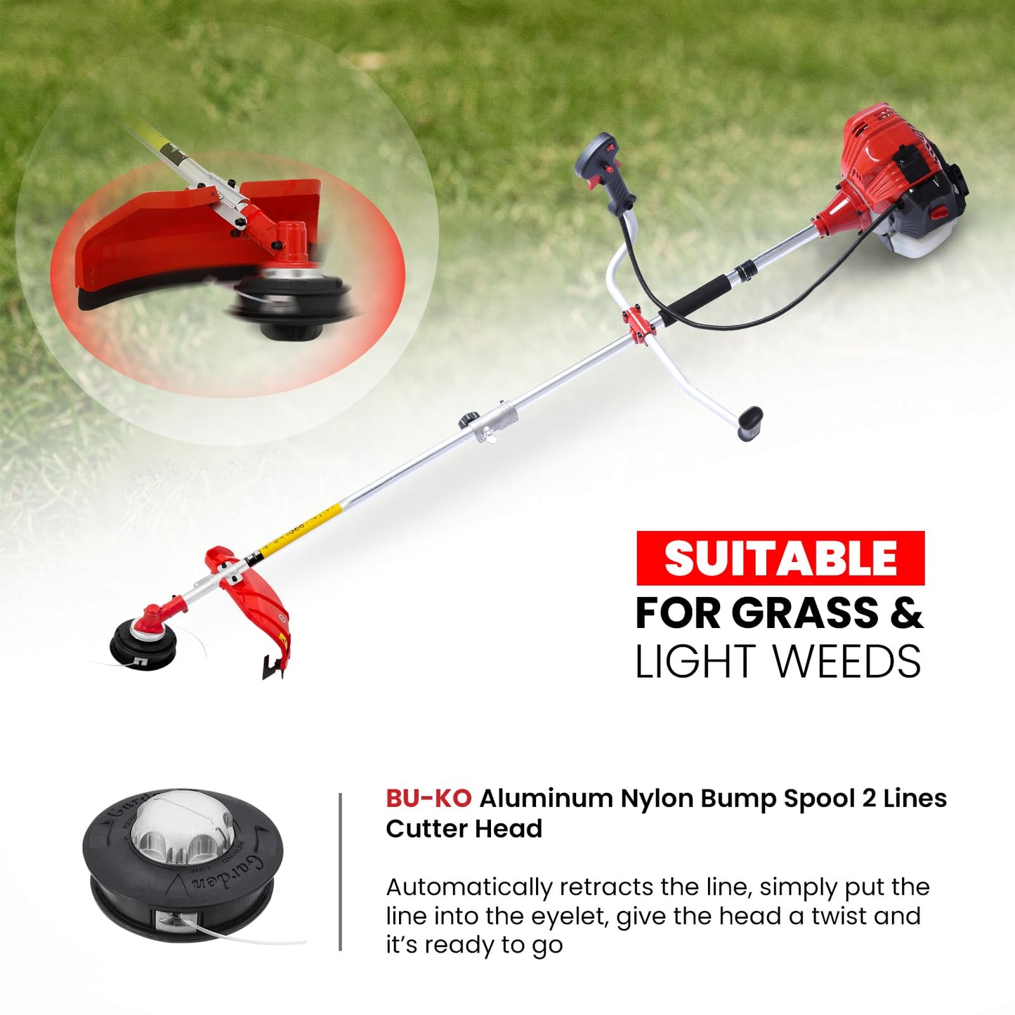BU-KO 52cc Petrol Strimmer Garden Tool Including: String Trimmer, Brush Cutter with 3T Blade, Steel Wire Strummer Weed Brush Cutting Blade. Great Outdoor Power tool 1 Year Warranty