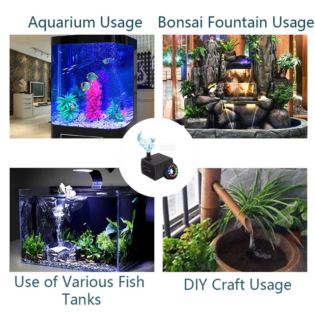 GERUI Small Water Feature Pump with 12 LED Lights, Small Submersible Water Pump 180L/H, 3W, Height of 0.55m, Adjustable Ultra Silent Water Pump for Fish Tank, Pet Fountain, Aquarium, Hydroponics