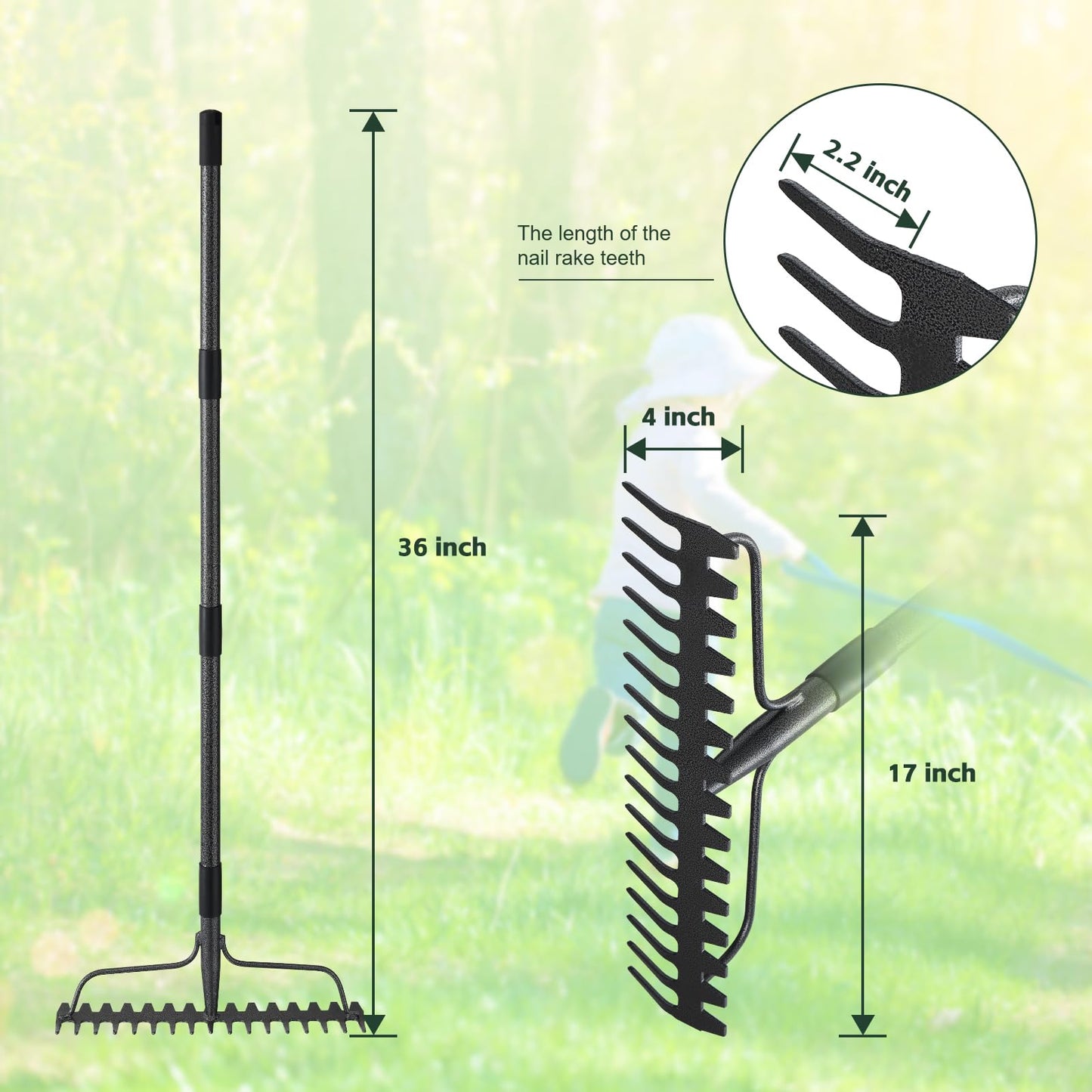 JAOTREL 60'' Bow Rake Heavy Duty Garden Rake with Stainless Steel Handle,Tines Metal Head Rake Tool for Loosening Soil Gathering Leaf Leveling Lawn Farming Land Management Yarn Thatch Rake