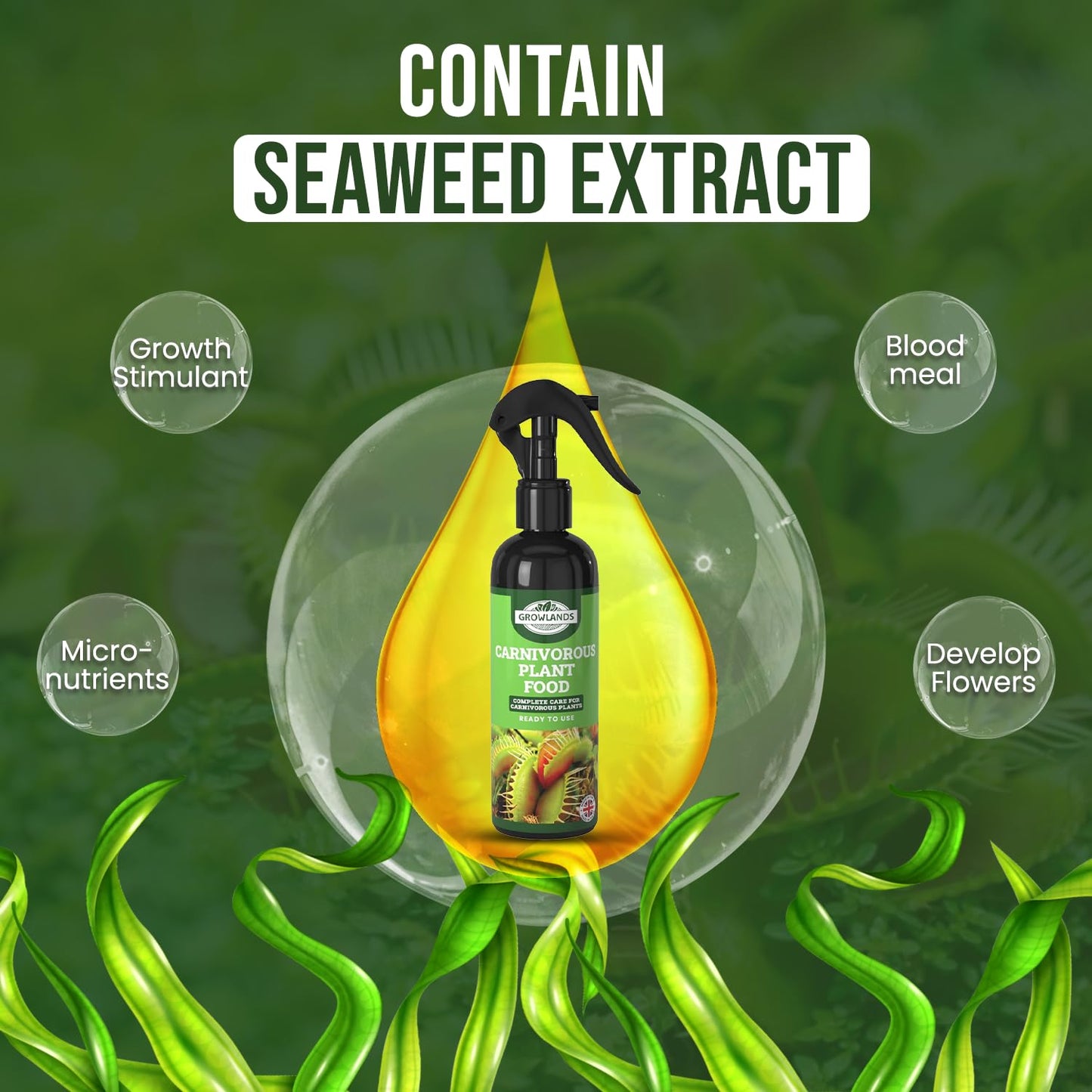 Growlands Carnivorous Plant Food Spray - 300 ml Plant Fertilizer - Designed for all Carnivorous Plants - Venus Fly Trap Plant Food, Sundew Food, Pitcher Plant Food - Ready to Use Spray