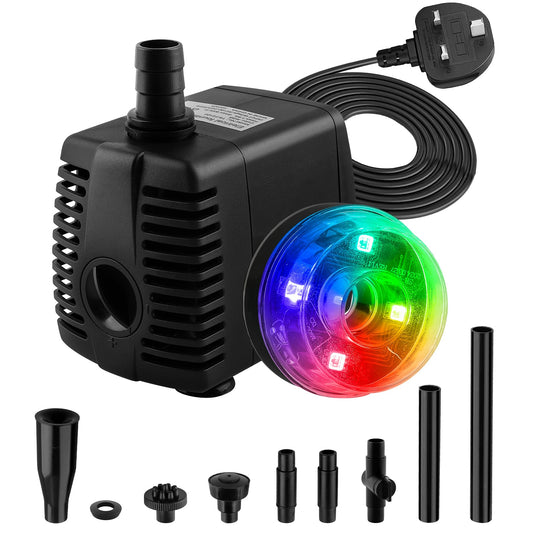 NATPOW Mini Submersible Water Pump, 800L/H Fountain Pump with 3 Colorful LED Lights, Pond Pumps with Mushroom and Blossom Spray Head for Aquarium Fish Tank, Outdoor Fountain, Water Feature