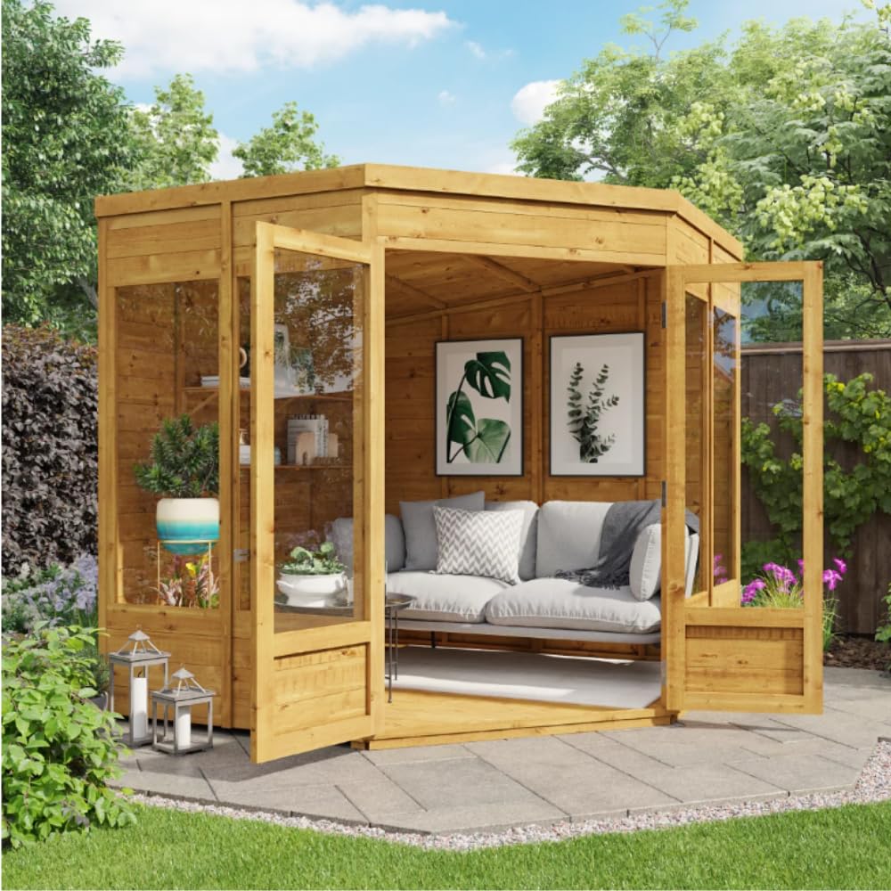 BillyOh Corner Summerhouse Log Cabin 7 x 7 Garden Storage Shed Wooden Summer House Sheds Picton Summerhouses Pressure Treated Available (Spray Treated, 7x7)
