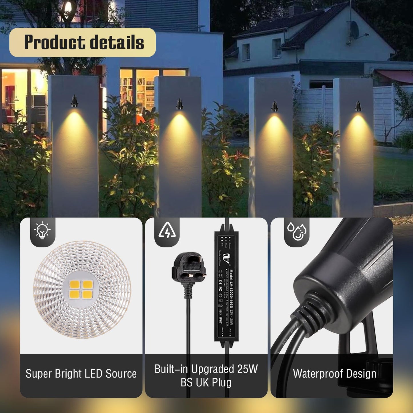 GreenClick Garden Spike Lights, Extendable Garden Lights Mains Powered 12V Low Voltage Landscape Spotlights IP65 Waterproof Outdoor Garden Uplights for Wall Trees Shrubs(4 Pack, Warm White)