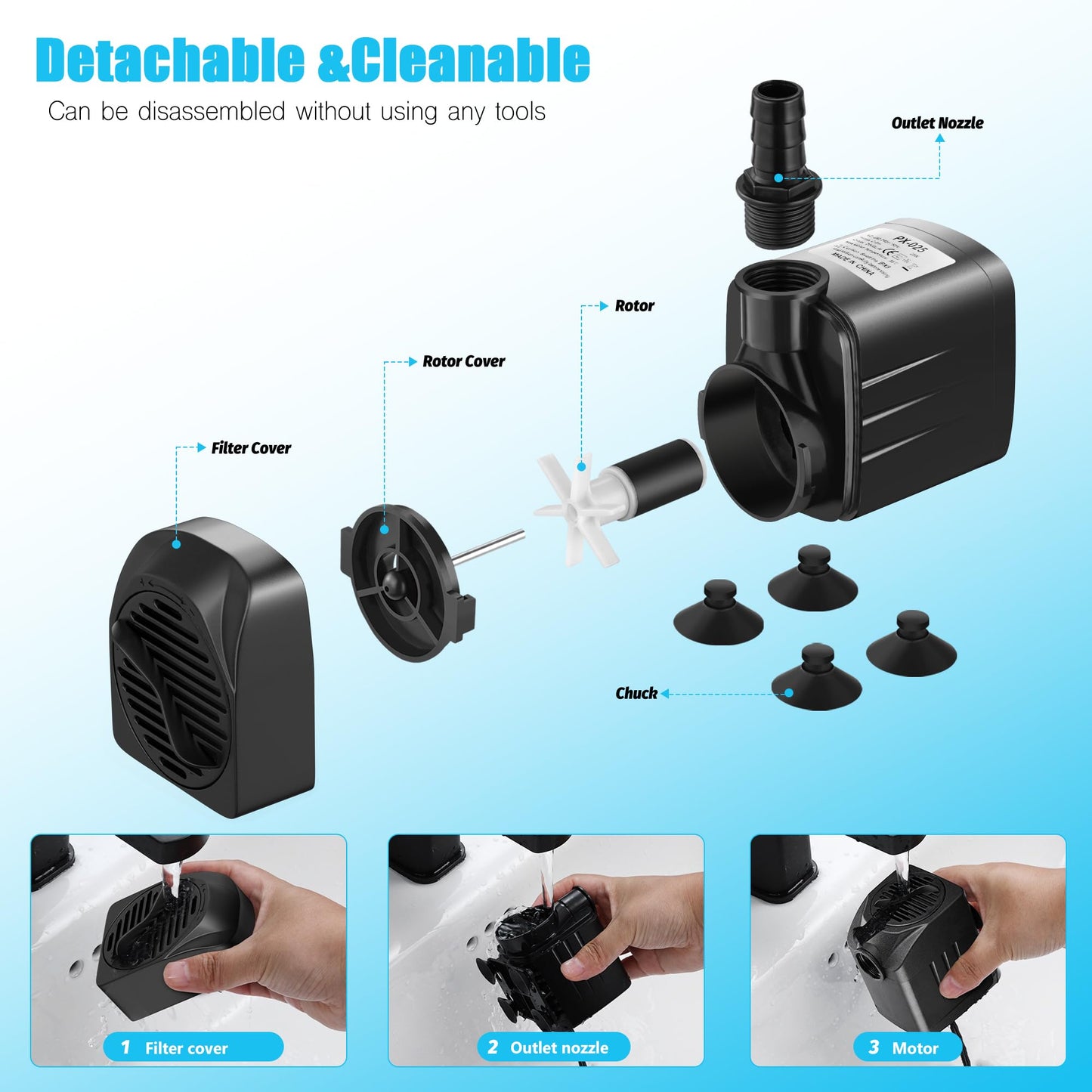 Lnicez Submersible Pump Max 2000L/H 25W, Dry Burning Protection, Ultra Quiet Design, 2.2 m High Lift, Fountain Pump for Hydroponics, Ponds, Aquariums,Garden & More PX-025 (No Light)