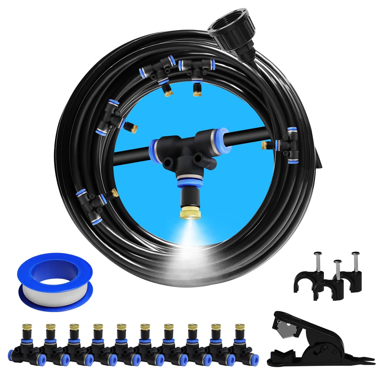 Mdlufee Spray Mist Cooling Irrigation System,66FT/20M Misting System,20 Brass Mist Nozzles,Water Mist Hose for Backyard,Garden,Greenhouse,Umbrella