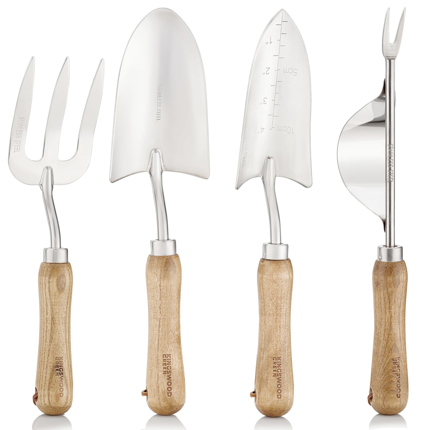 Kingswood Green® 4-Piece Garden Tool Gift Set | Ash Wooden Handles | Trowel, Hand Transplanter, Weeder & Fork | Made with Stainless Steel