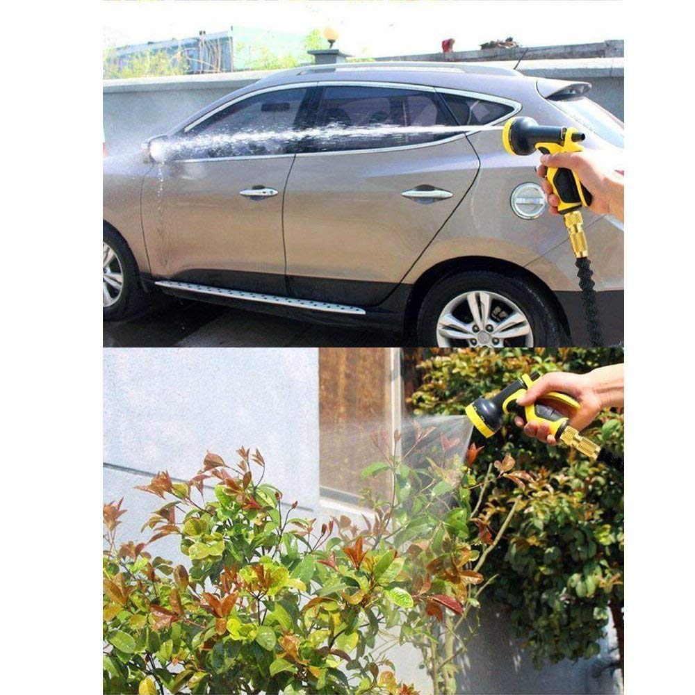 HmiL-U Garden Hose 150ft 45m Strongest Double Latex Inner Tube Prevent Leaking Magic Hosepipe with 9 Function Spray Gun-Solid Brass Fittings (Retracted Length 50ft)【2 YEARS 100% Guaranteed】(150ft)