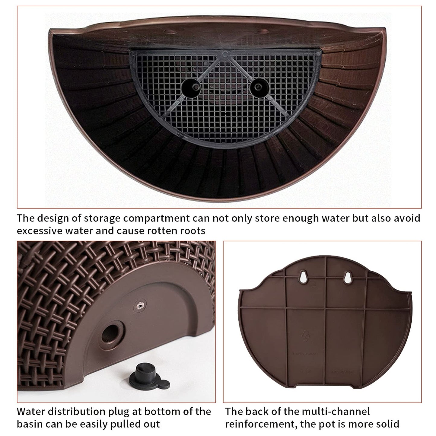 2 Pcs Imitation Rattan Wall Hanging Flower Pot, Semicircle Hanging Planters Outdoor with Drainage Hole and Hooks, Plastic Garden Hanging Basket for Balcony Fence (Coffee)