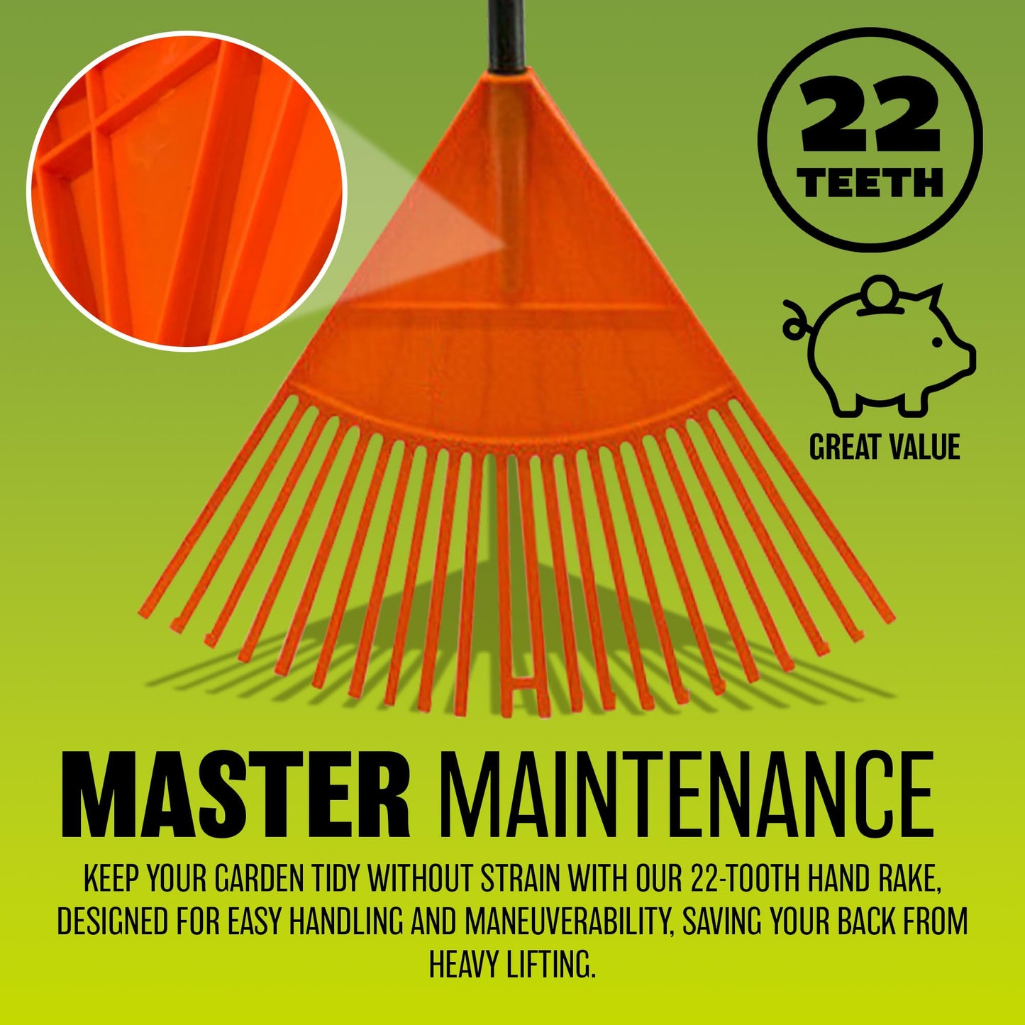 12 Tooth Garden Leaf Rake - Handheld, Plastic Head Gardening Tool | Wide, Lightweight & Sturdy To Quickly Clean The Lawn | Ideal For Autumn & Winter Seasons | Strong Quality & Long Lasting