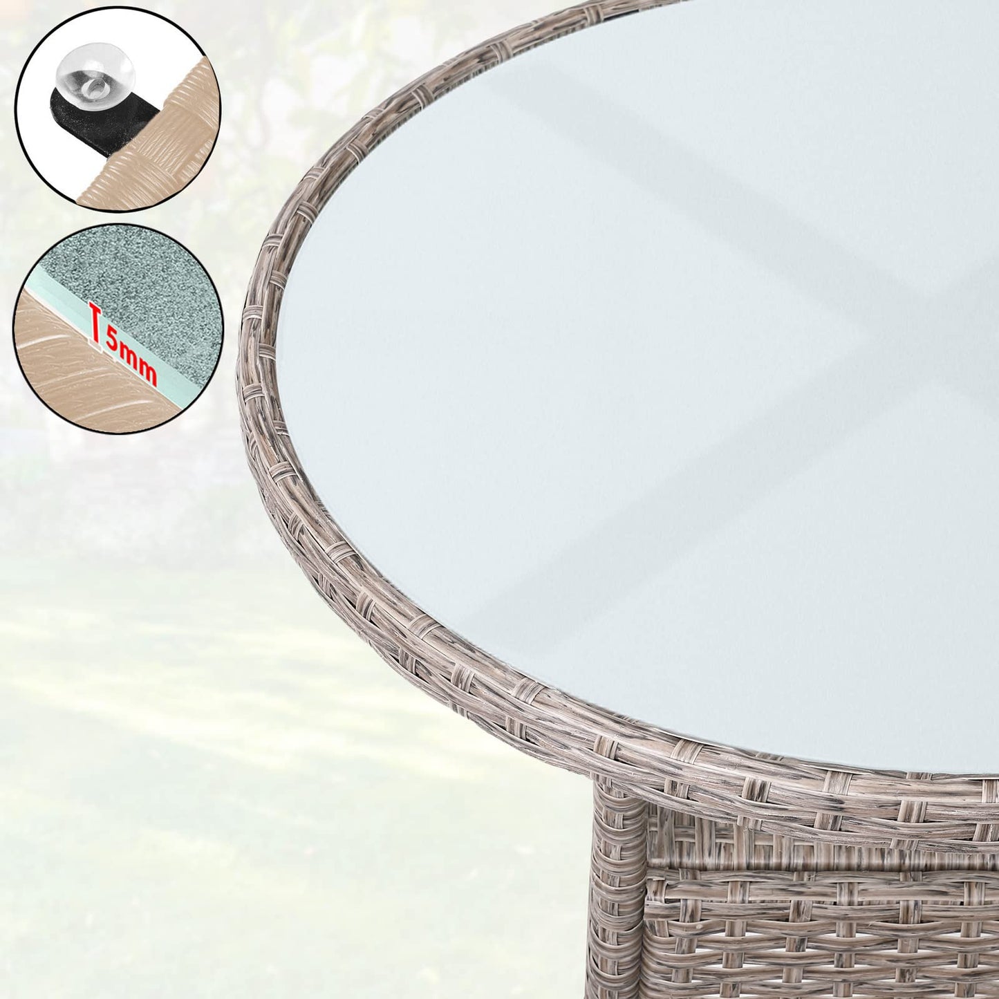 CASARIA® Round Coffee Table | Garden Table With Frosted Safety Glass Plate | Poly Rattan Outdoor Side Table | Weatherproof Patio Furniture | Balcony Bistro Cafe | 60cm | Beige