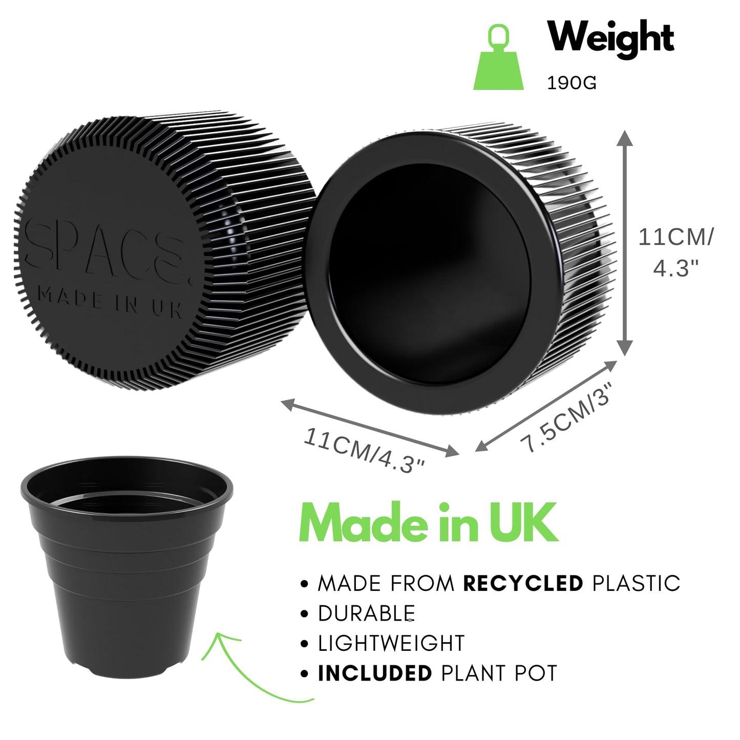 SPACE & Co. PACHA 11cm Small Indoor Planter – Black – Made in UK – Includes Inner Pot for Healthier Plants – Lightweight & Durable Plastic – Modern Round Design (1 Pack)