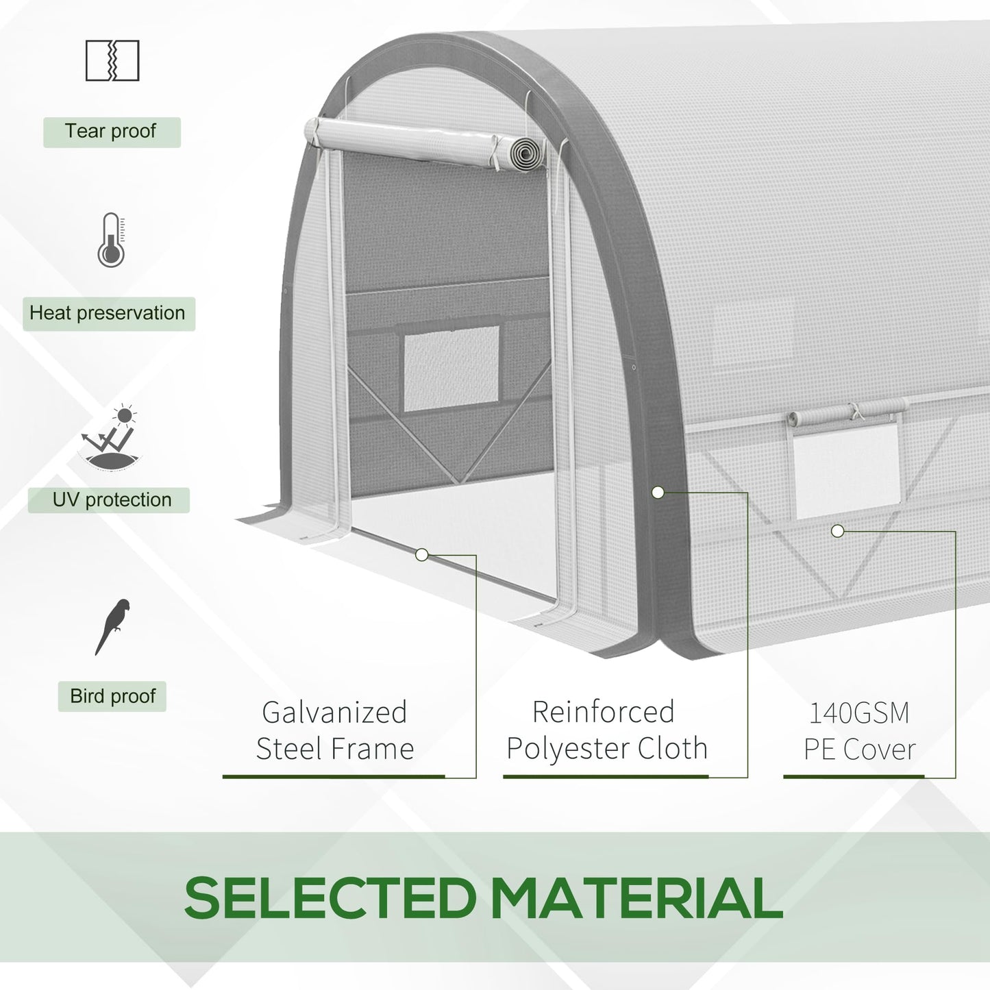 Outsunny 6 x 3(m) Walk-in Polytunnel Greenhouse with Upgraded Structure, Zipped Roll Up Mesh Door, 8 Mesh Windows, Tunnel Warm House Tent with PE Cover, 15 Plant Labels and Gloves, White