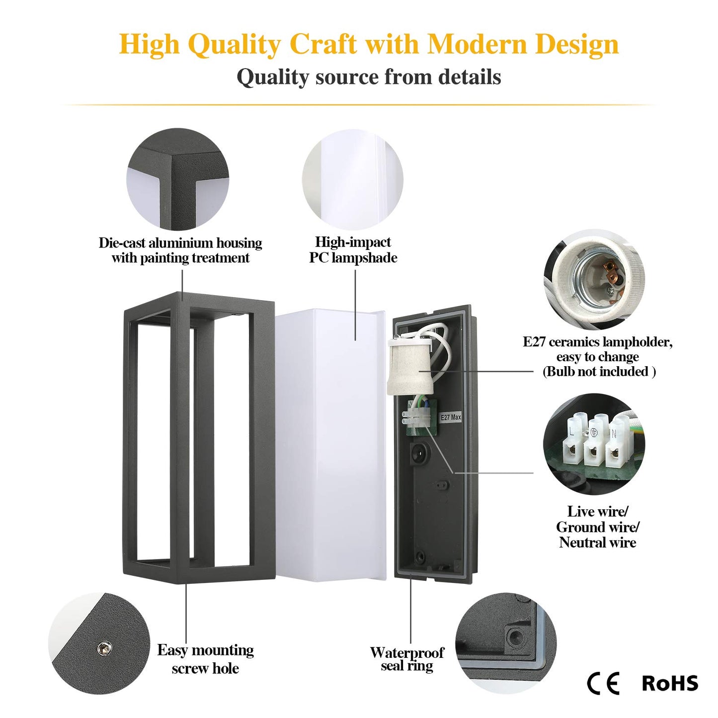 HLFVLITE Outside Wall Light, Max 40W E27 Aluminum Outdoor Wall Lamp Exterior Wall Sconce, IP54 Waterproof, Anthracite Grey