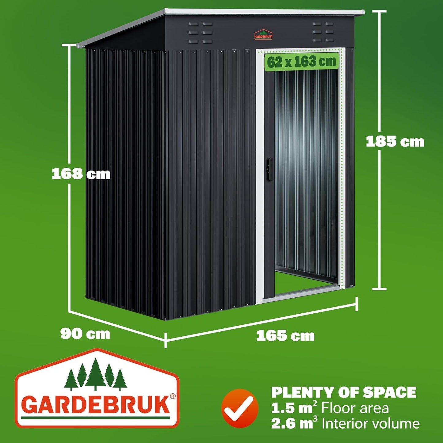 GARDEBRUK® Medium 5x3' Metal Tool Shed Garden Storage | 1.5m² | Pent Roof | 185x165x90cm | Sliding Door | Galvanised Steel Garden Equipment Utility Log Coal Bunker Storage | Anthracite Grey