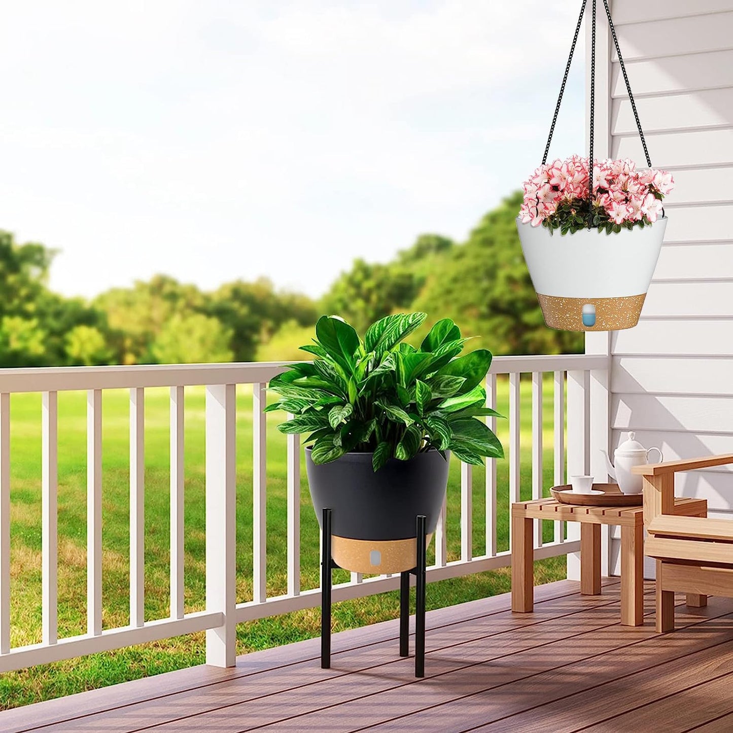 LSRVNM 3 Pack Hanging Plant Pot, Self Watering Planter with Removable Visible Water Tray Drainage Holes Chain Hooks, Hanging Flower Pot for Indoor Outdoor Garden (White)