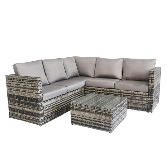 OHS Rattan Garden Furniture, 5 Seater Garden Corner Sofa with Table Set Outdoor Seating Patio Conservatory Wicker Table Soft Cushions - Grey
