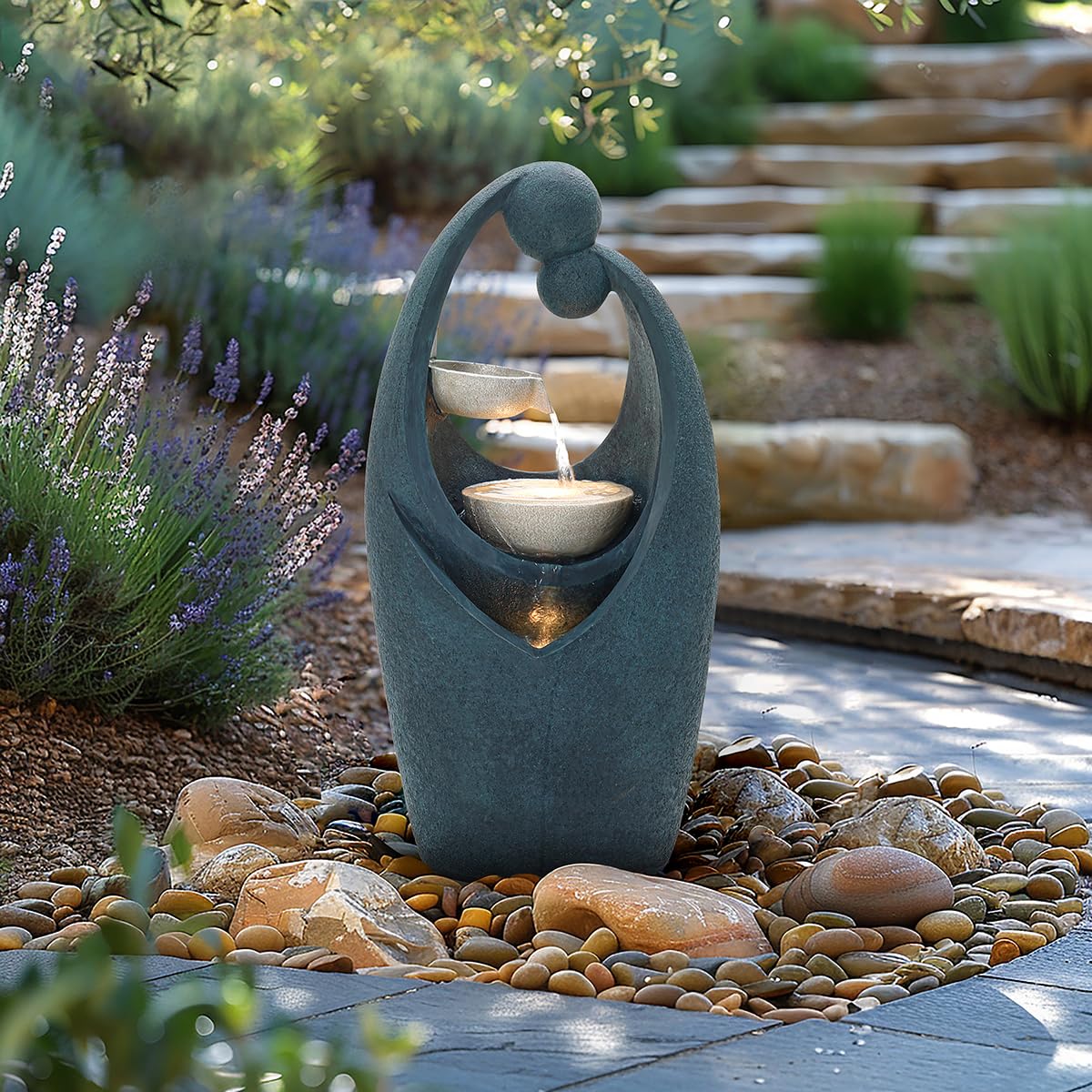 CHARLES BENTLEY 2 Tier, Water Feature, Cascading Water, UV Resistant, Weather Resistant, Mains Powered, Plug Included, Frost Resistant, Dark Blue, Water Fountain, Built In LED Lights (62x30x24cm)