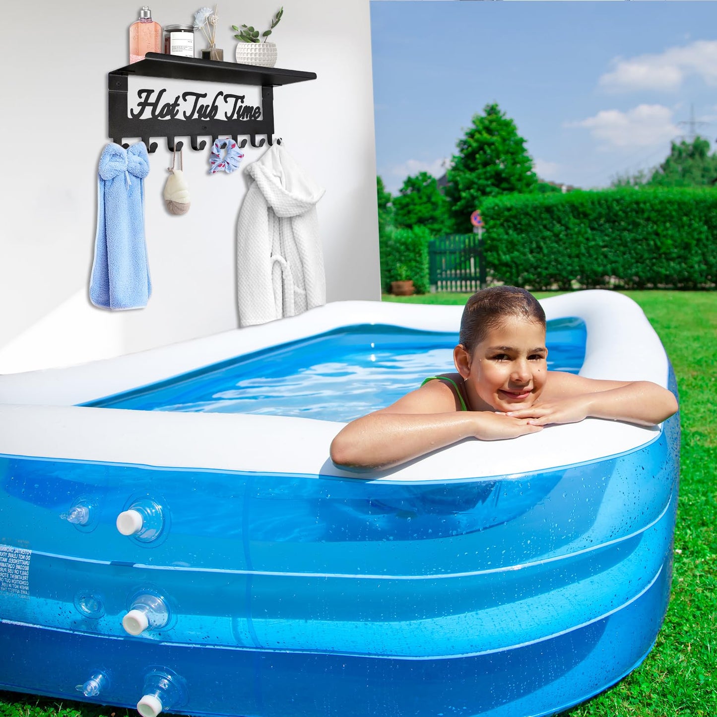 IBosins Towel Rack for Hot Tub with Shelf Bathroom Towel Holder 8 Hooks Towel Hanger Wall Mounted for Robes, Clothes, Towels - Hot Tub Accessories Outdoor