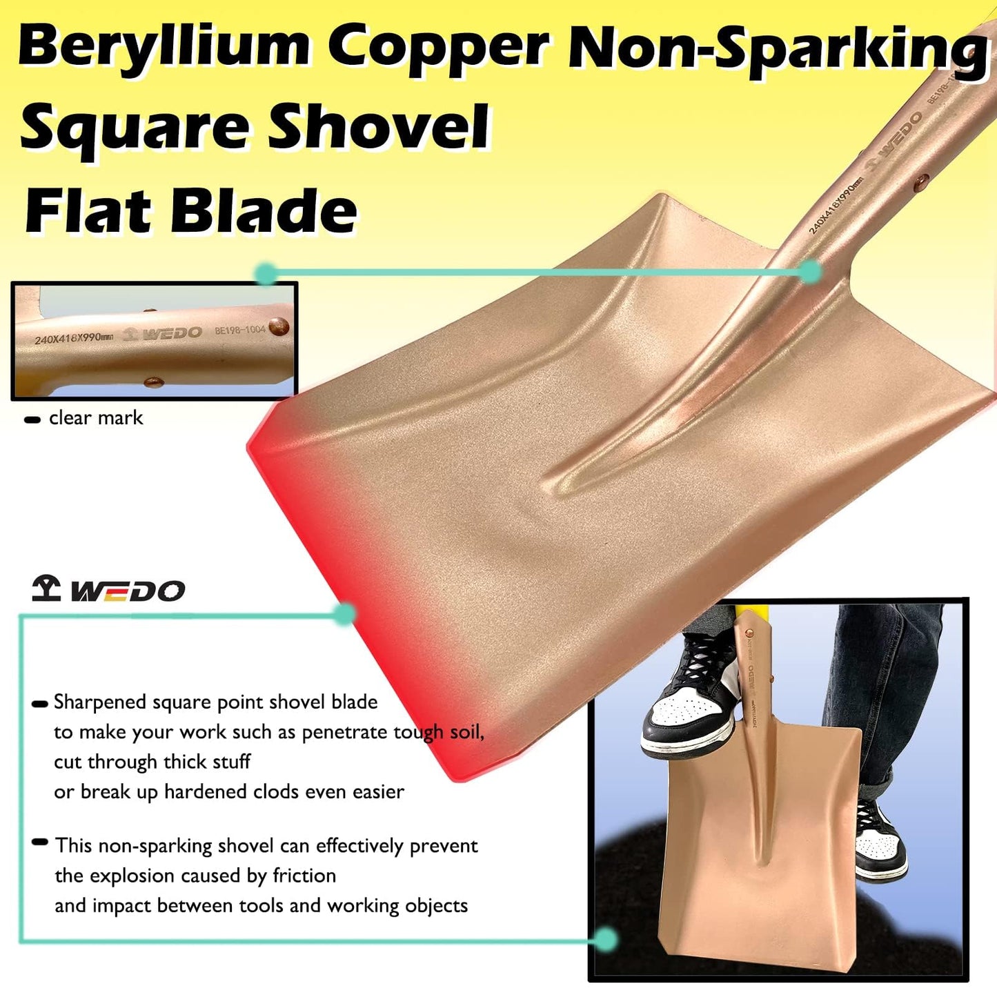 WEDO Non-Sparking Square Shovel and Round Point Shovel Set,39"(990mm) Square Shovel,39"(990mm) Straight Blade Shovel,Beryllium Copper,Non-Magnetic,Non-Slip Handle,DIN Standard,BAM&FM Certificate