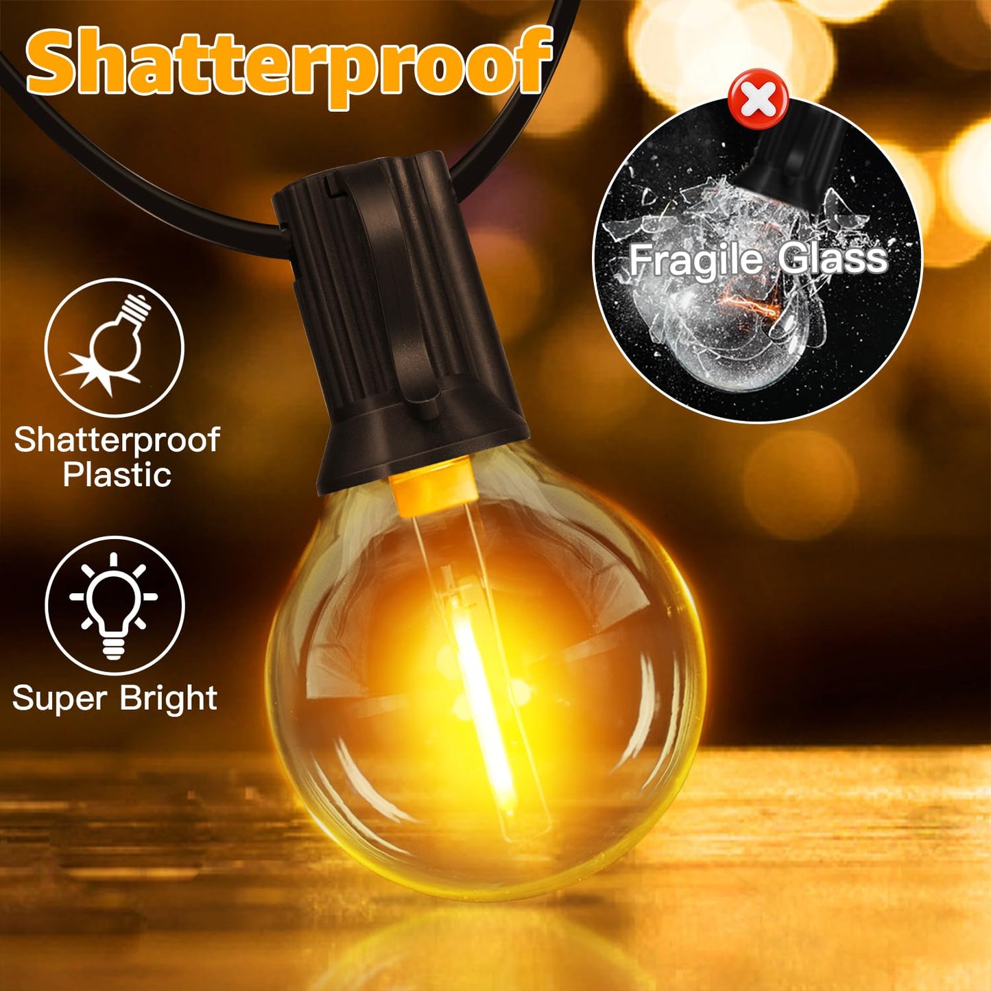 Ollny Festoon Lights Outdoor 15m, Christmas LED String Light Mains Powered, Waterproof with Plug/25-2 Shatterproof G40 Bulbs/Hook, Bright Warm White Lighting Outside Indoor Tree Garden Decorations