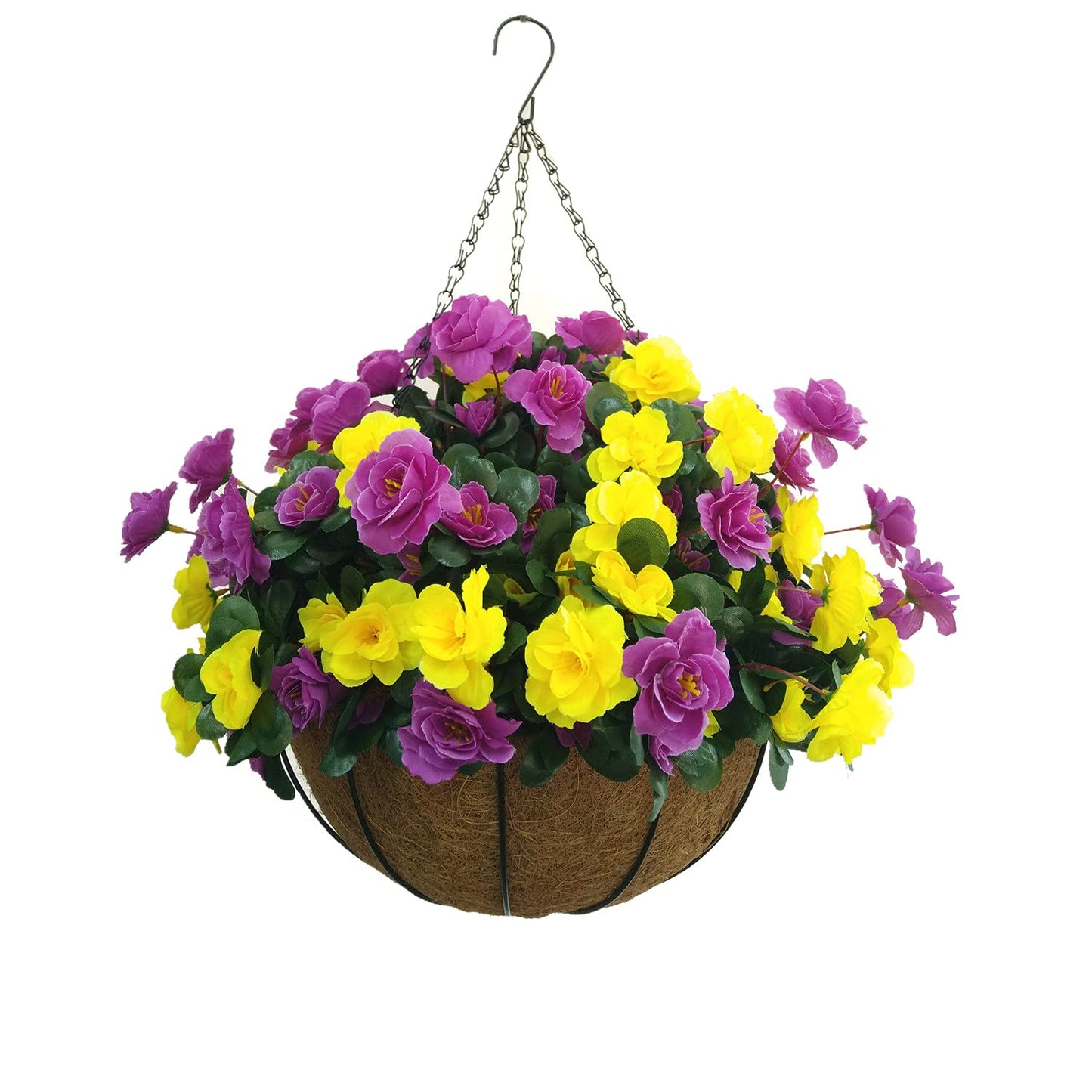 Indoors And Outdoors Decoration Artificial Big Azaleas Yellow And Purple Silk Flowers Plant Cute DIY Chain Hanging Basket With Flower Pot (Big Basket)