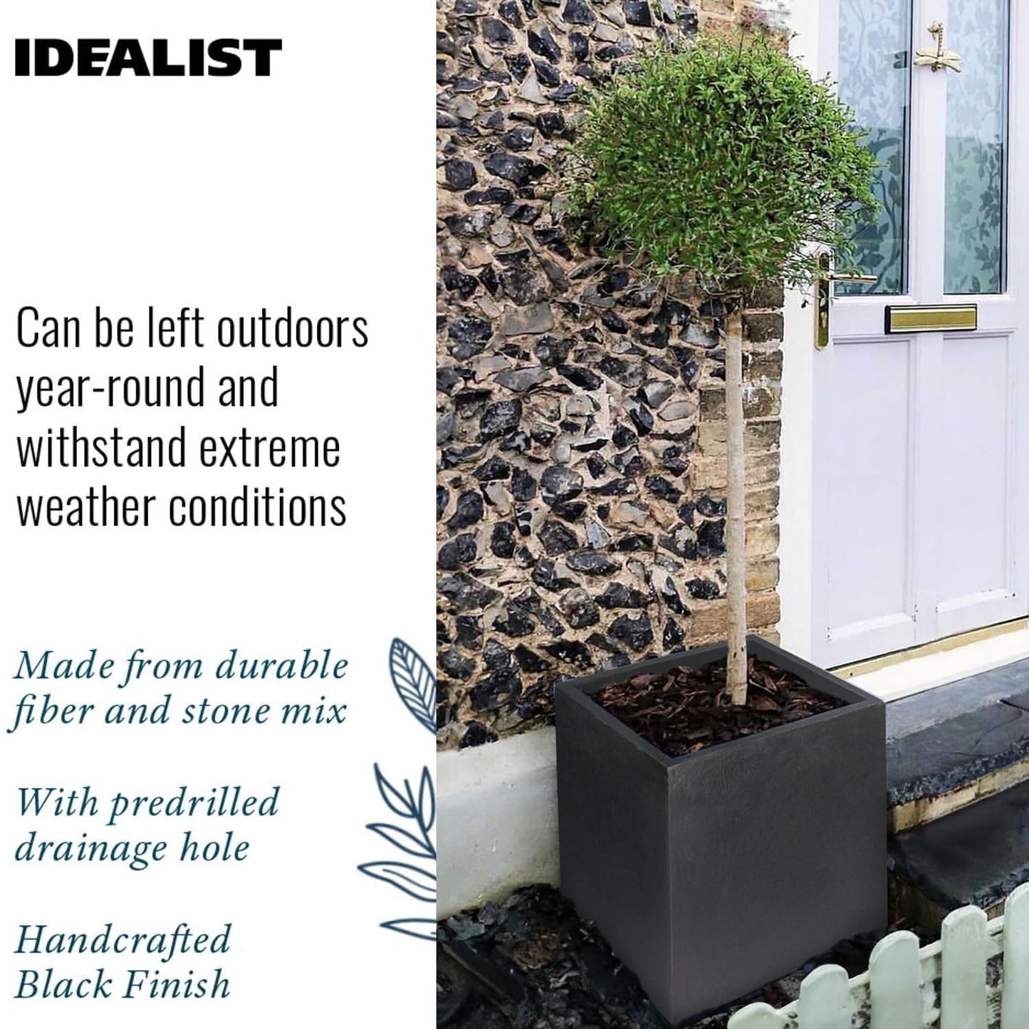 IDEALIST 50cm Large Square Planter for Trees | Black Reinforced Stone Flower Pot with Drainage Holes L50 W50 H50.5 cm, 92 litres