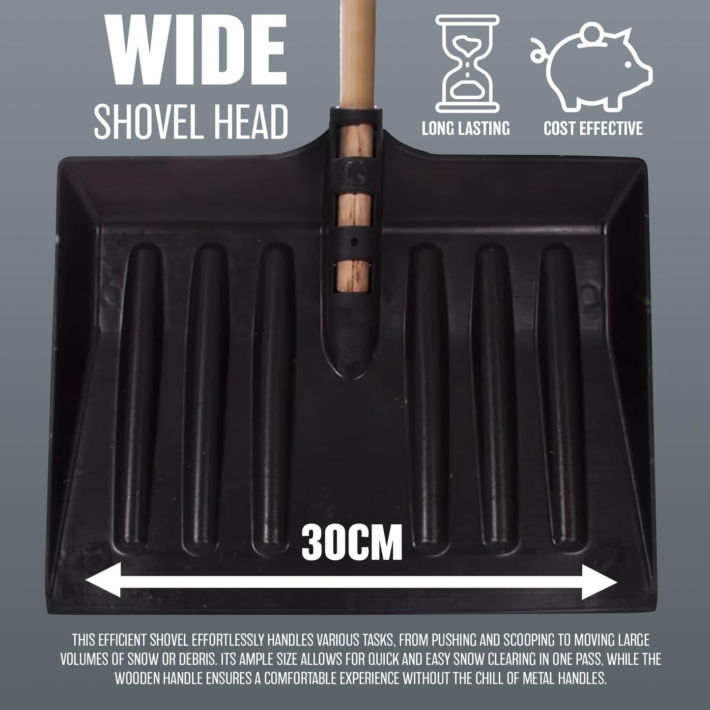 1.3m Snow Shovel - Pusher, Scooper, Mucking Out Emergencies | Ideal for Clearing Garden, Car, Truck, Driveway Etc | Strong & Durable Plastic Spade and Wooden Handle – Heavy Duty 130cm