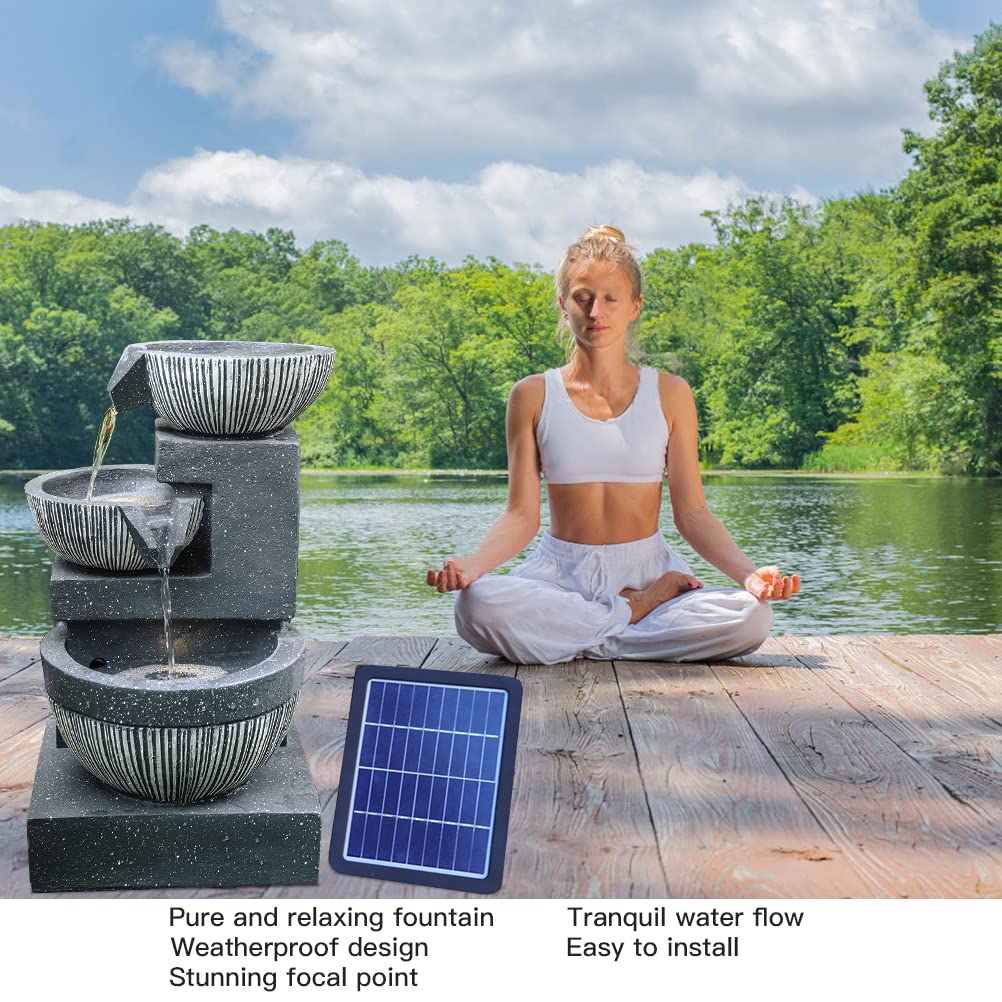 Garden Water Feature Decorate Cascading Tiered Water Fountain Pump Waterfall with LED Lights Indoor/Outdoor, Solar Powered, 3 Bowls